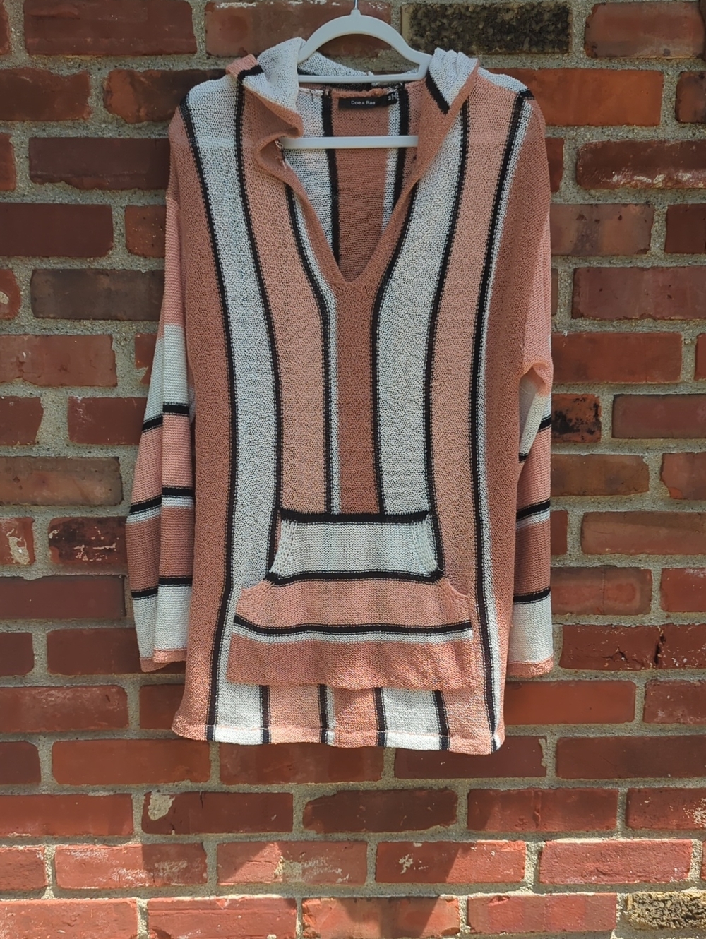 Doe & Rae Peach and Cream Striped V-Neck Hooded Sweater